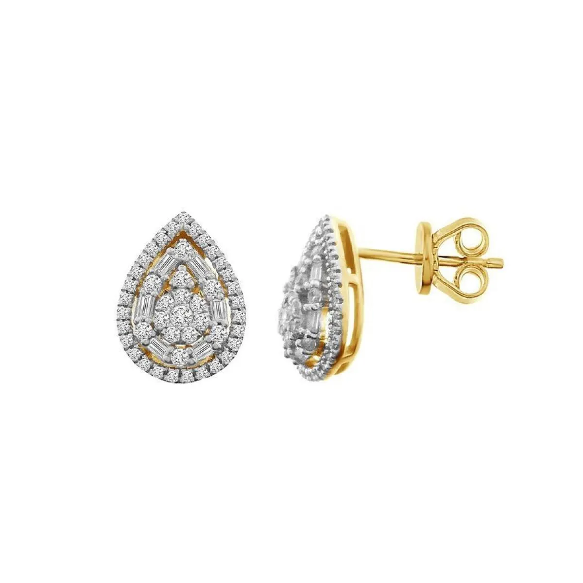 0.50cttw Diamond Baguette Stud Pear Shape Earrings 14k Yellow Gold Screw Back