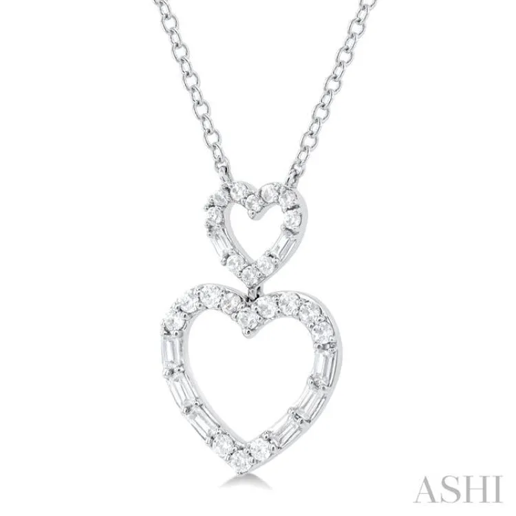 1/3 ctw Twin Heart Fusion Baguette and Round Cut Diamond Necklace in 10K White Gold