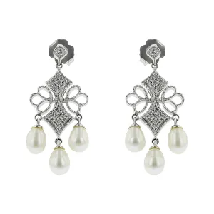 14K Freshwater Pearl and Diamond Dangle Earrings