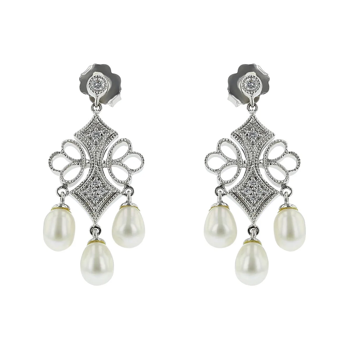 14K Freshwater Pearl and Diamond Dangle Earrings