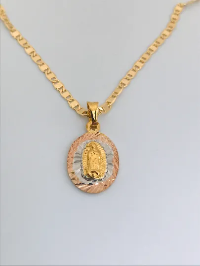 14K Gold Filled Virgen de Guadalupe Necklace Pendant Charm 20x13mm Diamlond Cut Pendant Guadalupe Charm / Cadena de Guadalupe Oro Laminado