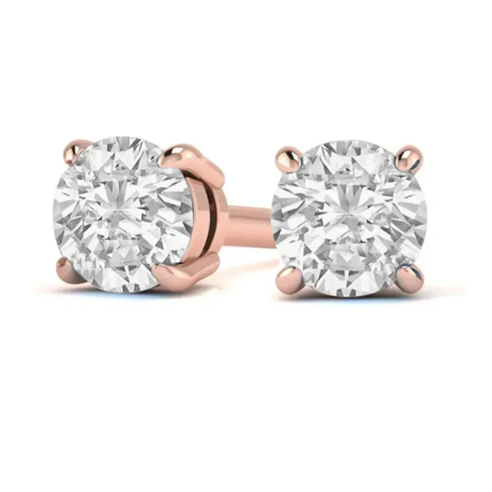 14k Rose Gold 1/4 Carat Created White Diamond Round Stud Earrings (SI1) 4 Prong Setting by Paris Jewelry