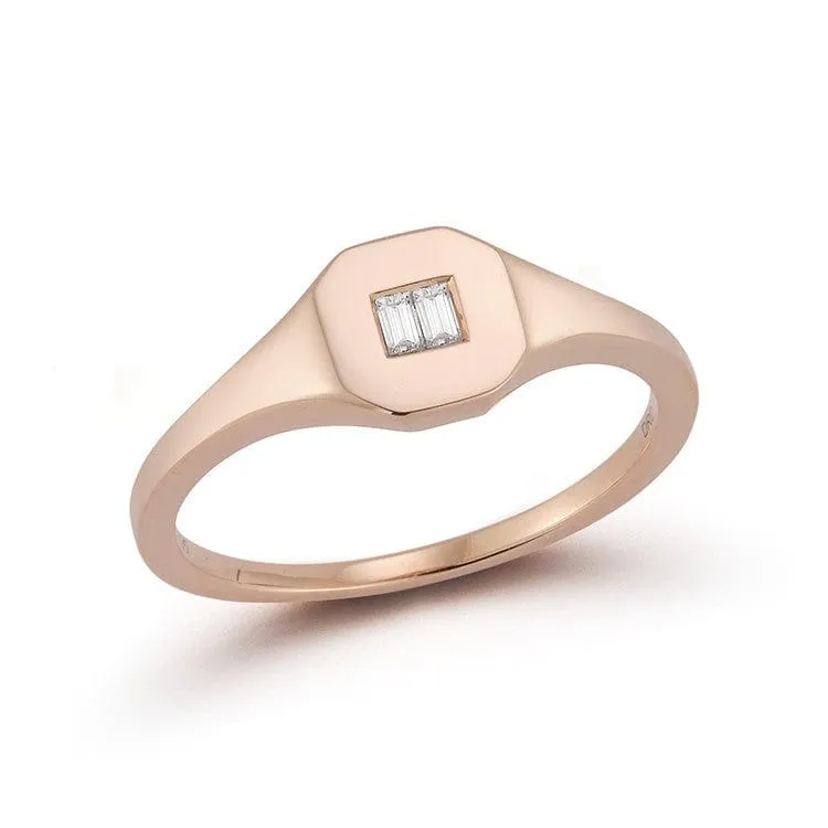 14K Rose Gold Baguette Diamond Signet Ring