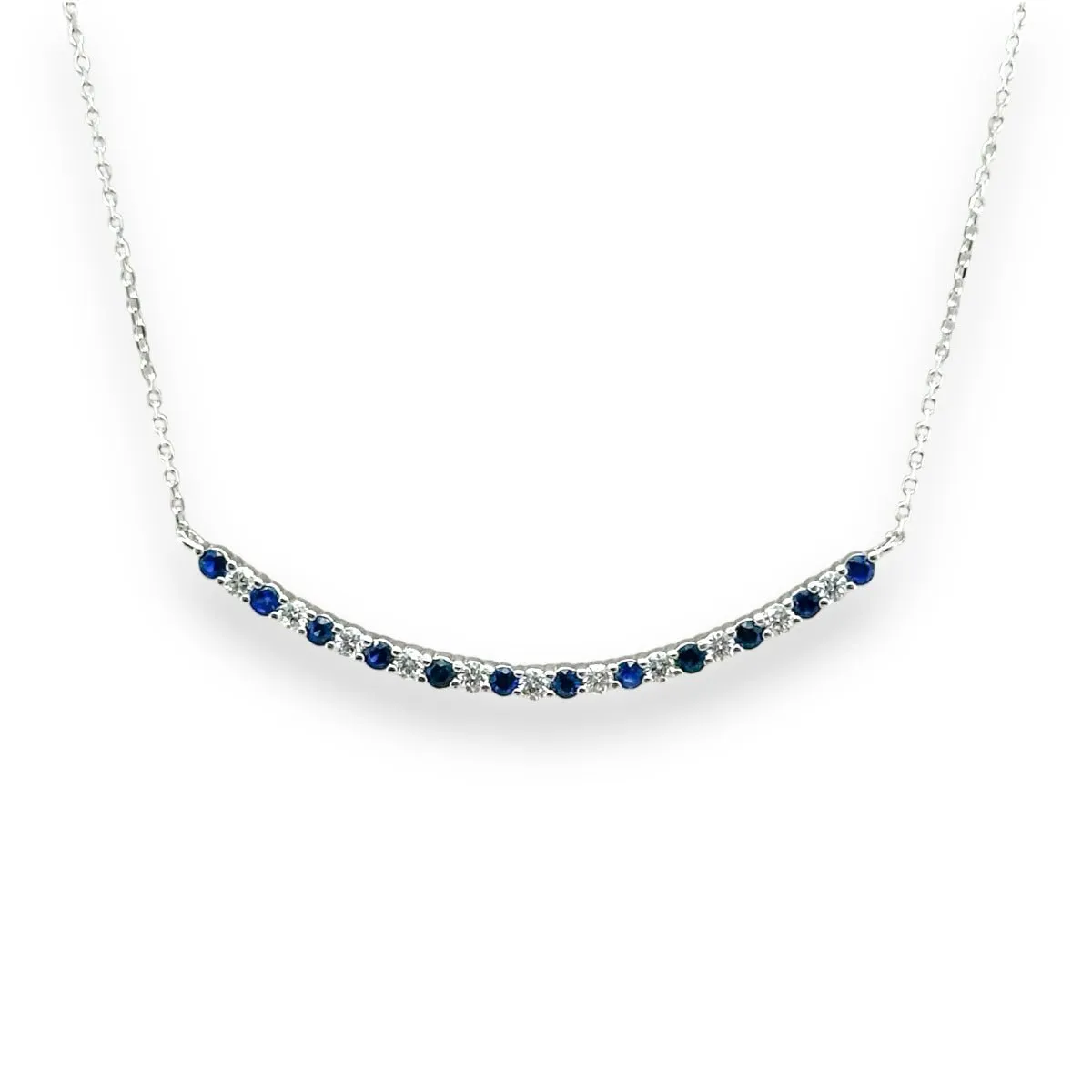 14K W Gold 16" 0.28ctw Diamond and 0.40ctw Sapphire Curved Bar Necklace