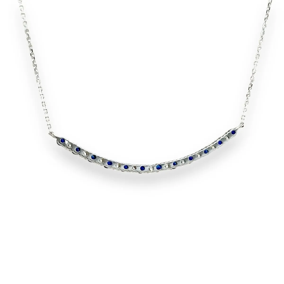 14K W Gold 16" 0.28ctw Diamond and 0.40ctw Sapphire Curved Bar Necklace