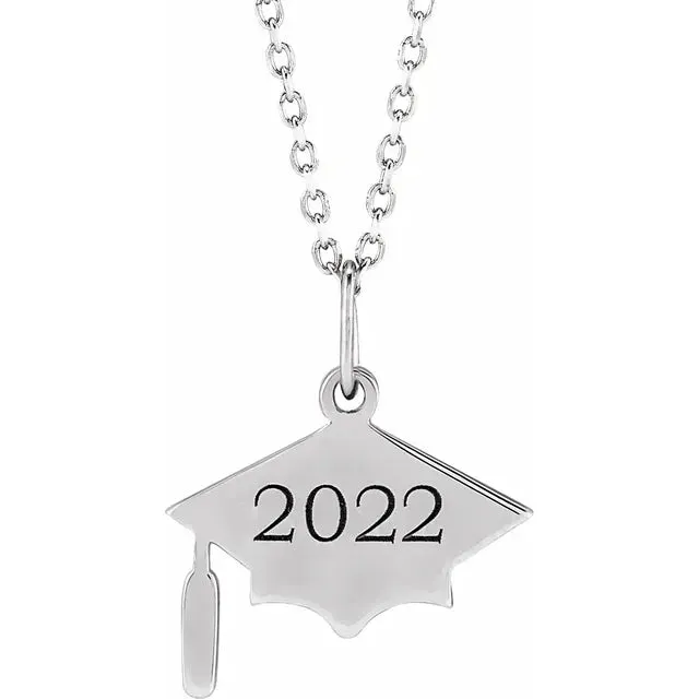 14K White Gold Engravable Graduation Cap 16-18" Necklace