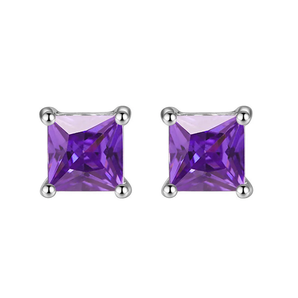 14k White Gold Plated 3 Carat Princess Cut Created Amethyst Sapphire Stud Earrings