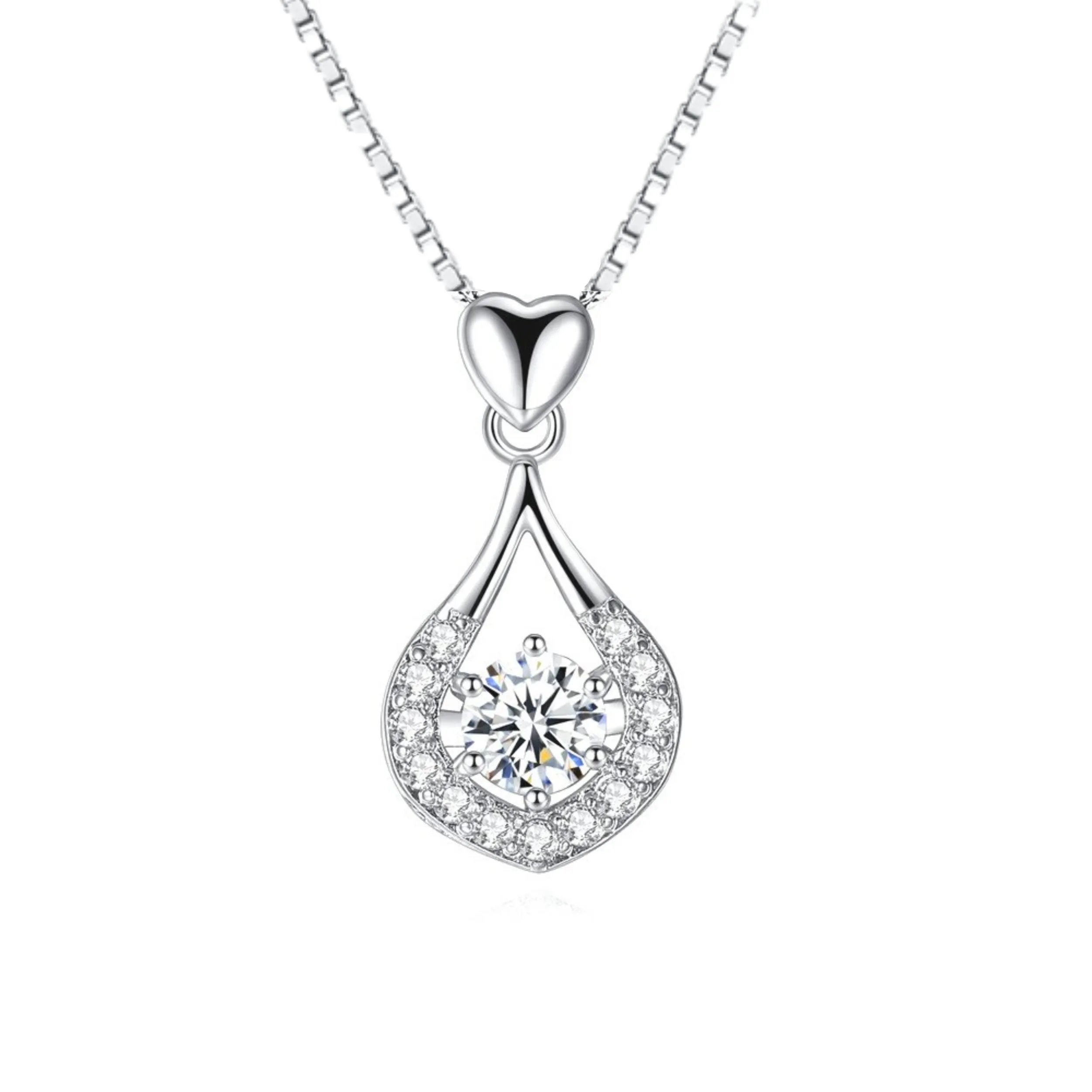 14K White Gold Plated Heart Drop Wrapped Brilliant Round Cut CZ Diamond Necklace for Women Special Occasions Bridal Holiday Valentine's Day