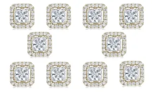 14k Yellow Gold Plated 4Ct Princess Cut White Sapphire Set of Five Halo Stud Earrings