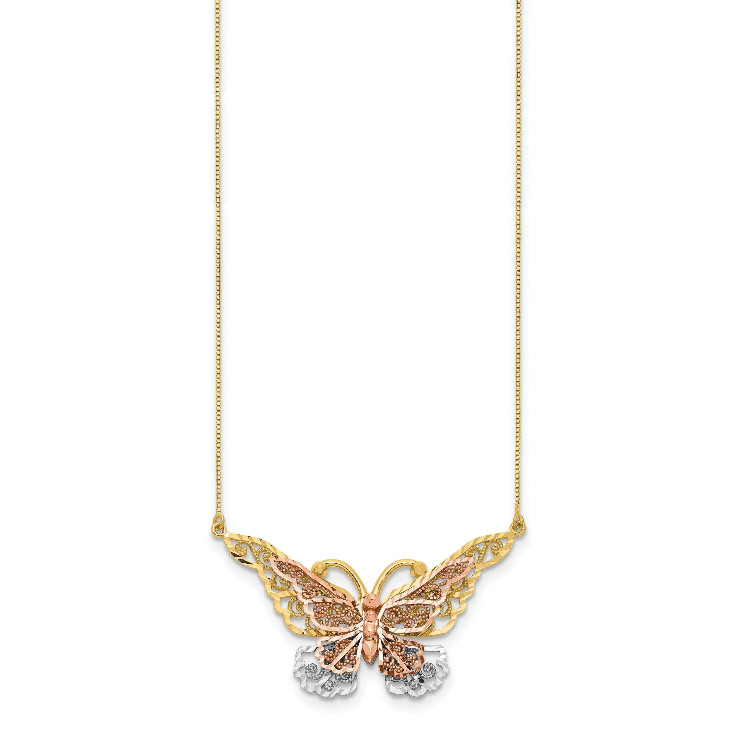 14k Yellow, Rose Gold, White Rhodium Diamond Cut Finish Solid Butterfly Design Pendant in a 18-inch Box Chain Necklace Set