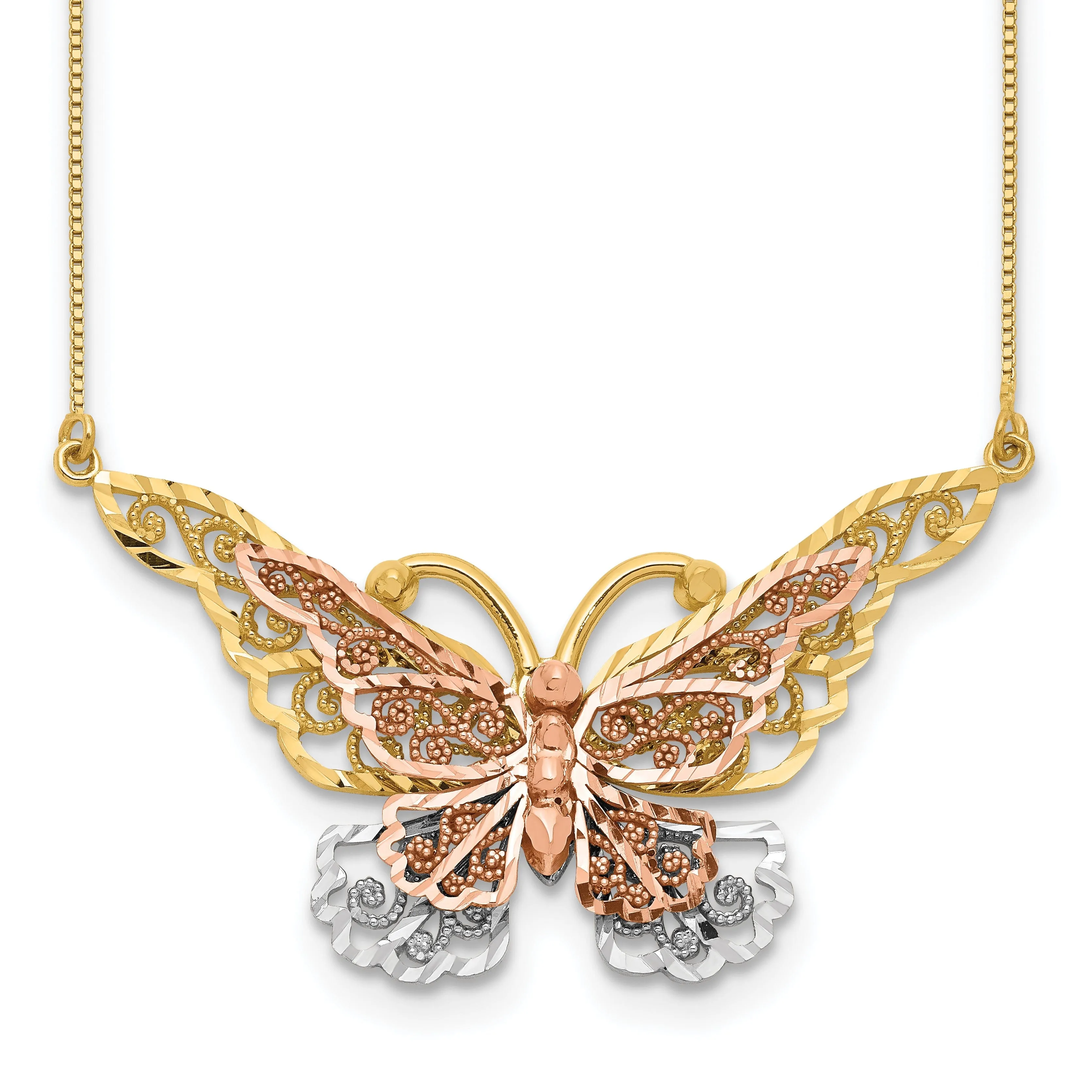 14k Yellow, Rose Gold, White Rhodium Diamond Cut Finish Solid Butterfly Design Pendant in a 18-inch Box Chain Necklace Set