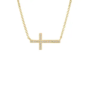 14KT GOLD SIDEWAYS DIAMOND CROSS NECKLACE