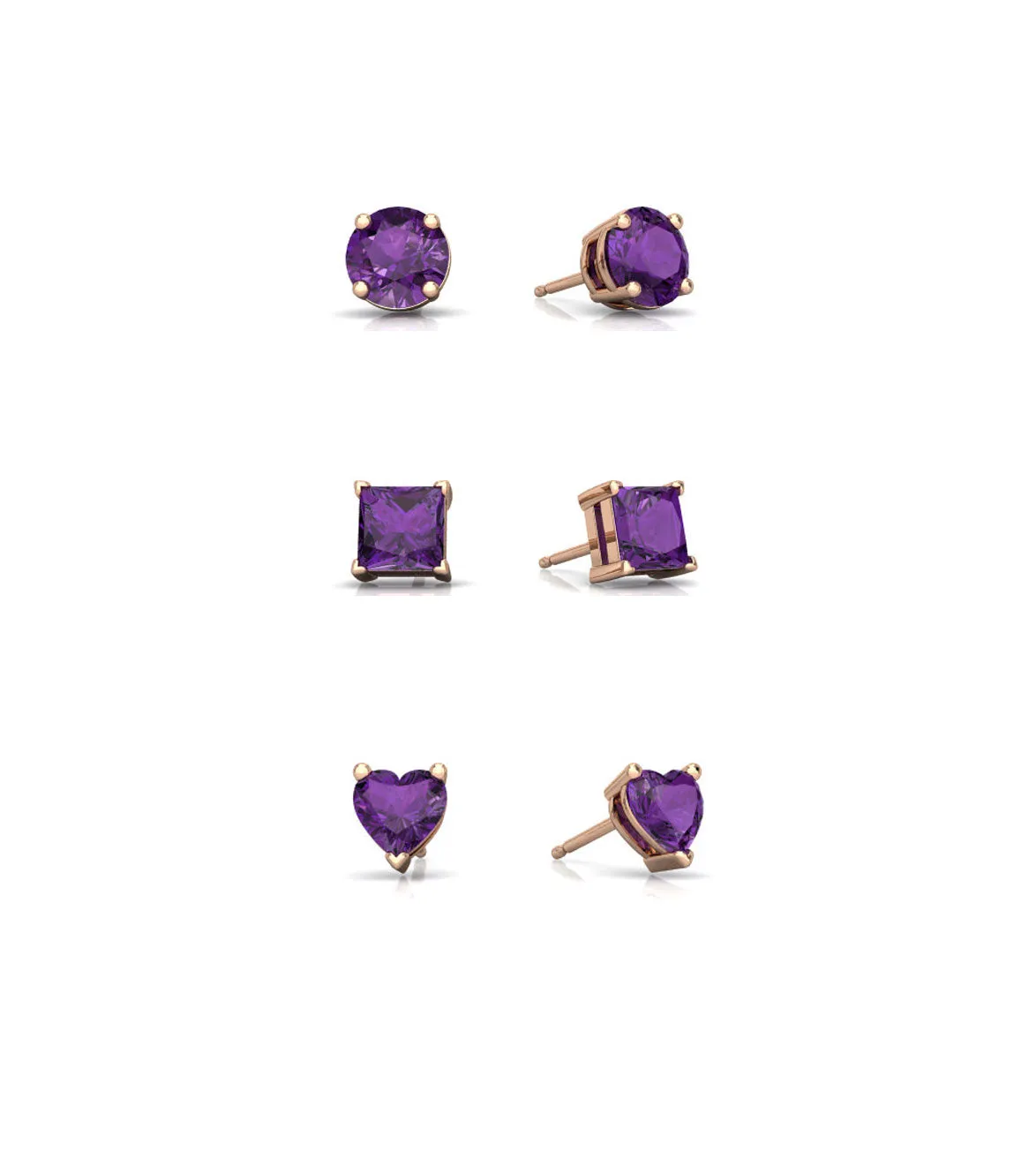 18k Rose Gold Plated 6mm Created Amethyst 3 Pair Round, Square and Heart Stud Earrings