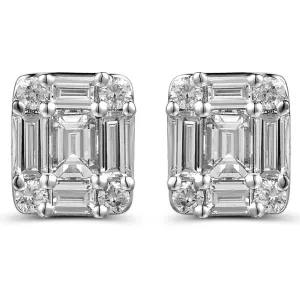 18K White Gold Cluster Baguette and Round Diamond Stud Earrings