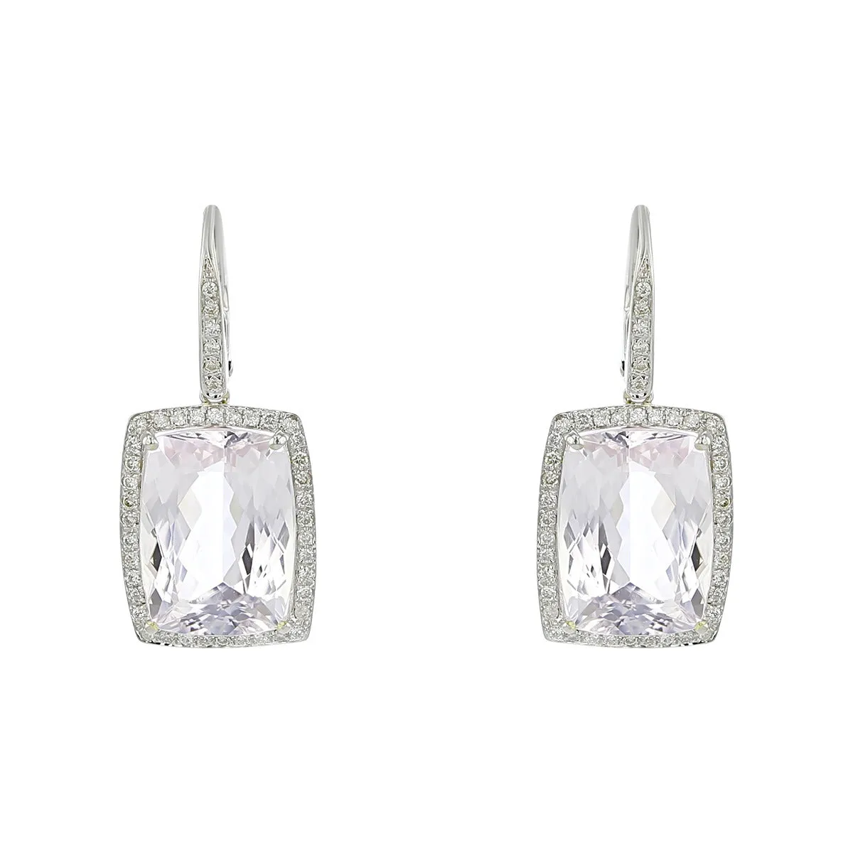 18K White Gold Kunzite and Diamond Halo Drop Earrings