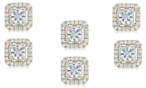 18k Yellow Gold Plated 2Ct Princess Cut White Sapphire Set of Three Halo Stud Earrings