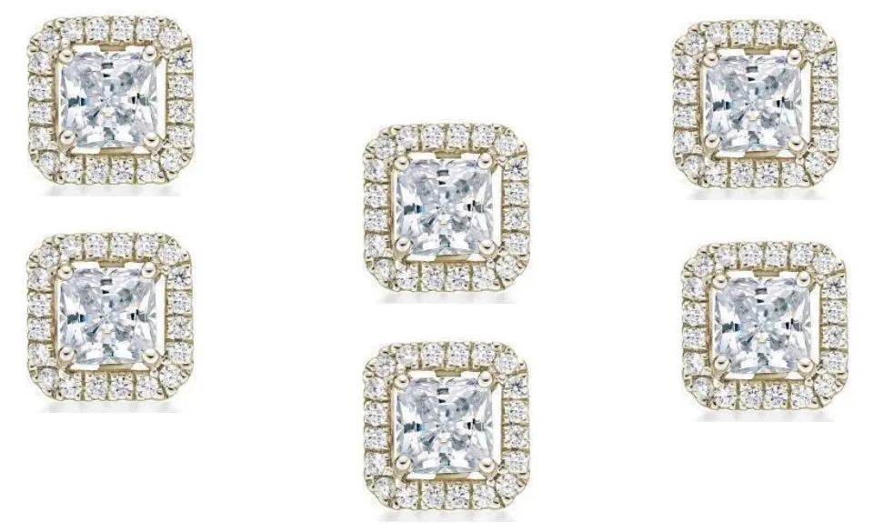 18k Yellow Gold Plated 2Ct Princess Cut White Sapphire Set of Three Halo Stud Earrings