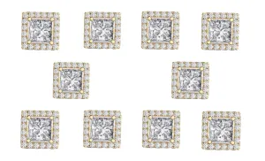 18k Yellow Gold Plated 4mm 4Ct Square Cut White Sapphire Set of Five Halo Stud Earrings