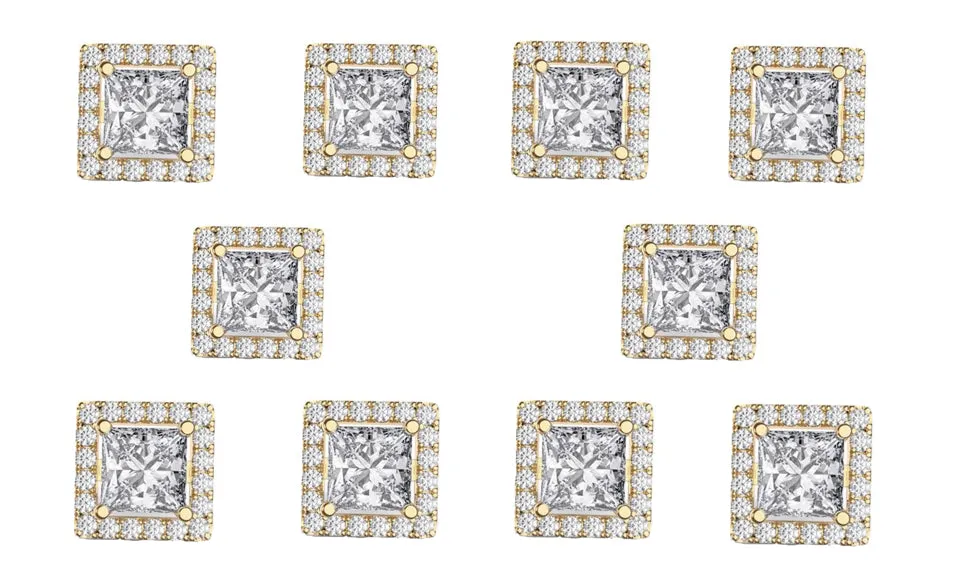 18k Yellow Gold Plated 4mm 4Ct Square Cut White Sapphire Set of Five Halo Stud Earrings