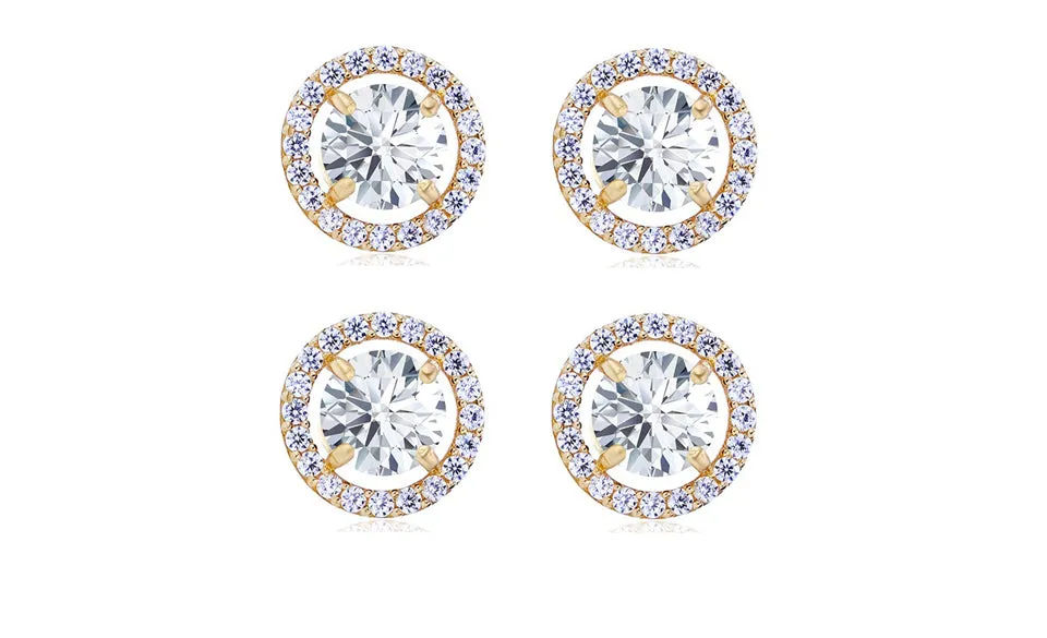 18k Yellow Gold Plated 6mm 3Ct Round White Sapphire Set of Two Halo Stud Earrings