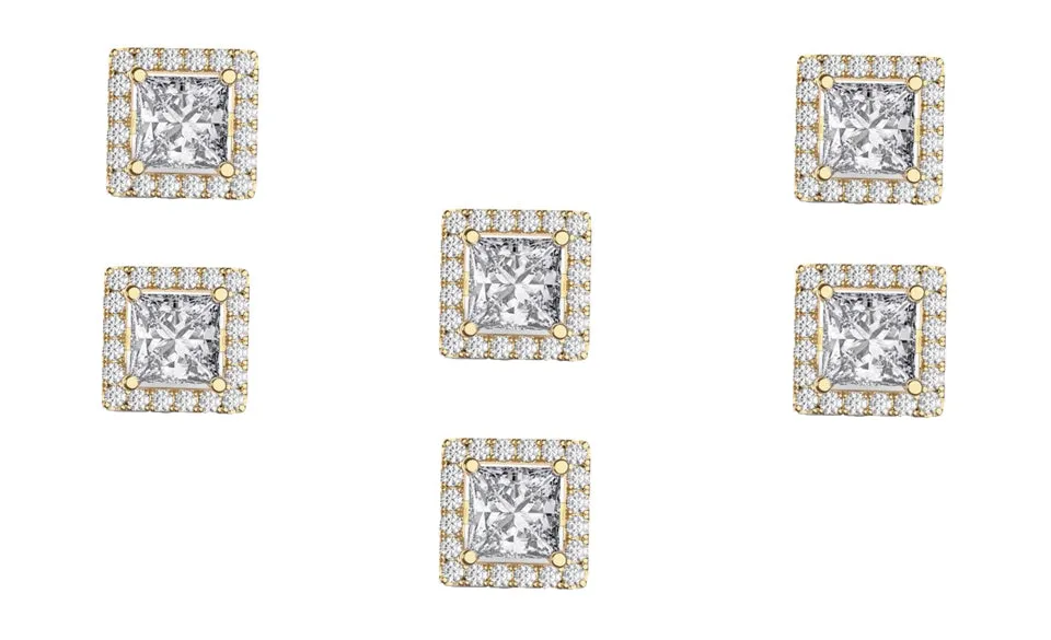 18k Yellow Gold Plated 6mm 3Ct Square Cut White Sapphire Set of Three Halo Stud Earrings