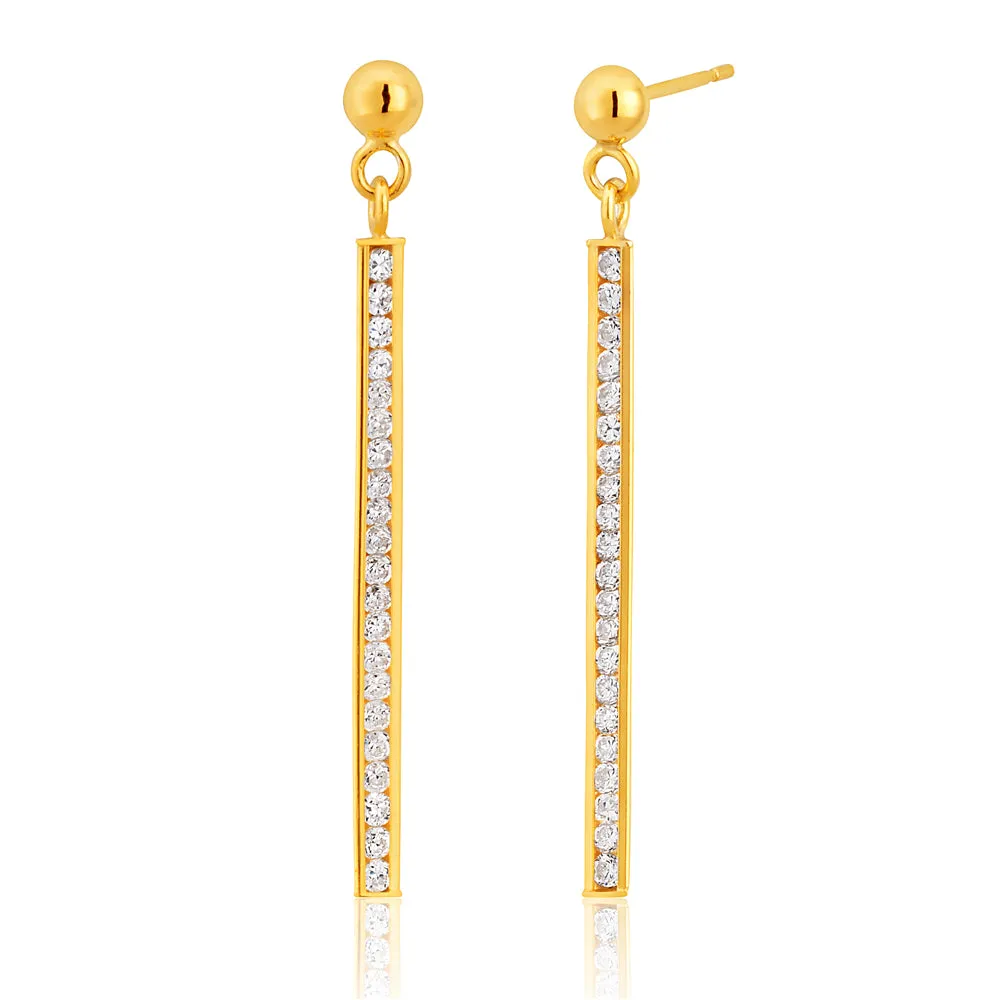 9ct Gold Cubic Zirconia Silver Filled Bar Drop Earrings