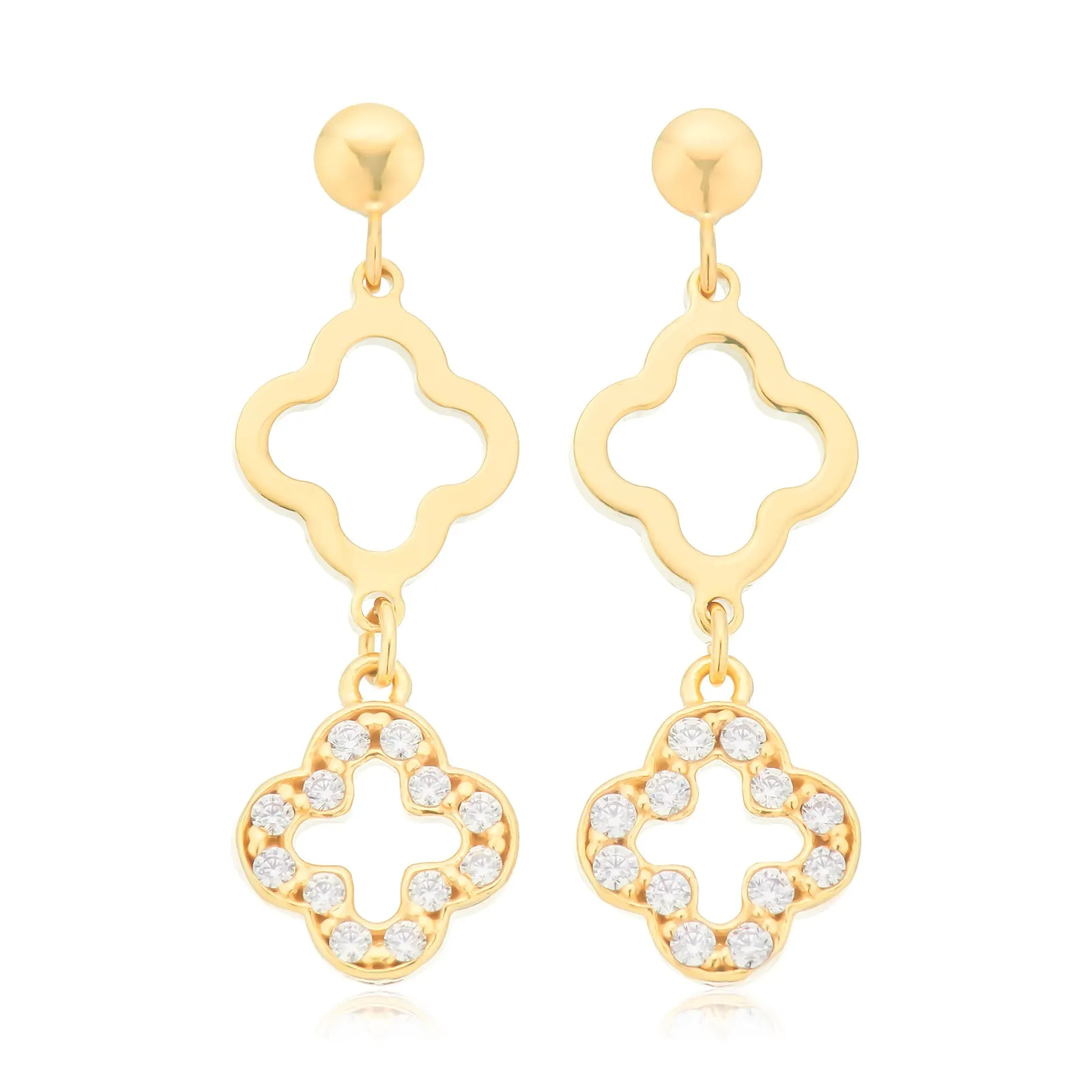 9ct Yellow Gold Silver Filled Round White Clover Cubic Zirconia Drop Earrings