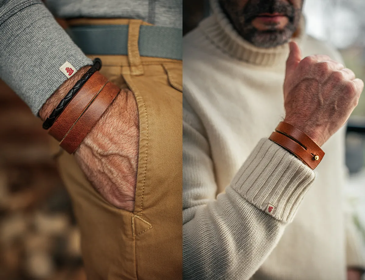 &SONS Leather Double Cuff Bracelet Brown