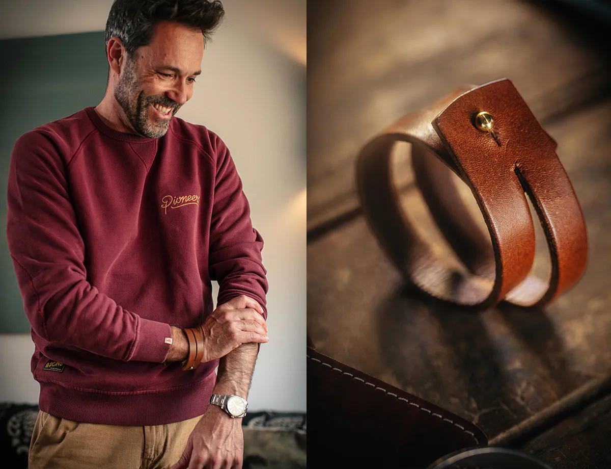 &SONS Leather Double Cuff Bracelet Brown