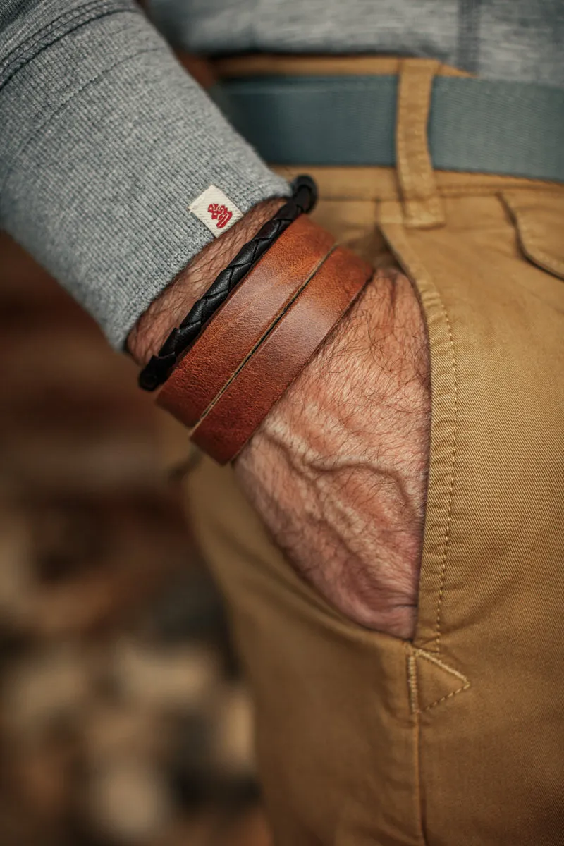 &SONS Leather Double Cuff Bracelet Brown