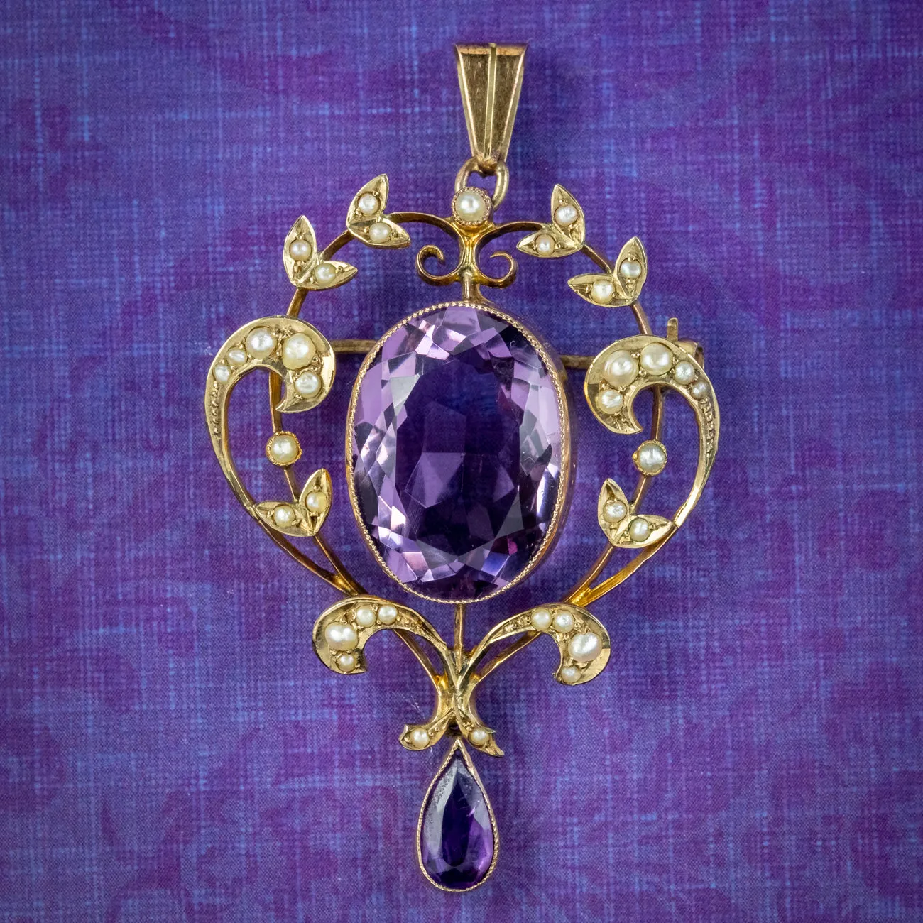 Antique Edwardian Amethyst Pearl Pendant 9ct Gold Circa 1910