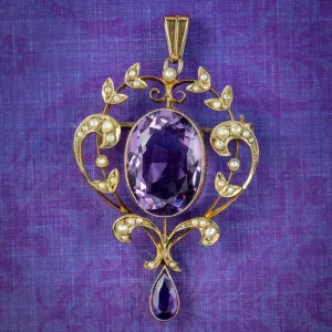 Antique Edwardian Amethyst Pearl Pendant 9ct Gold Circa 1910