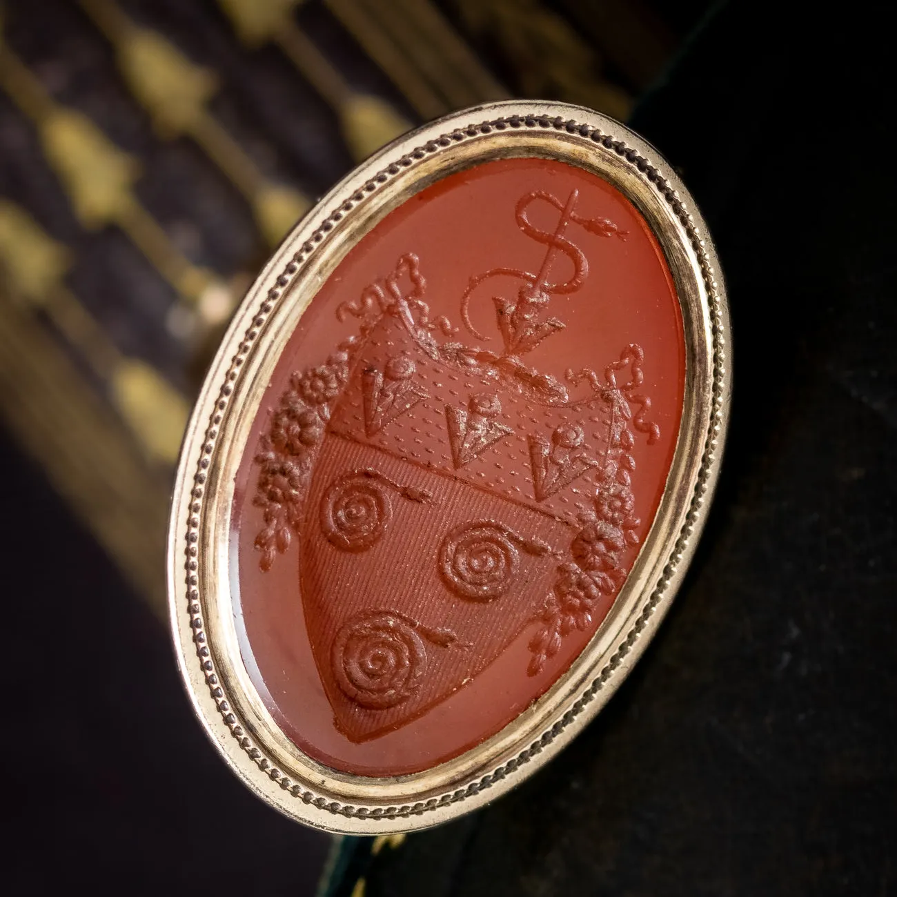 Antique Georgian Fob Pendant 18ct Gold Carnelian Seal With Snake Coat Of Arms