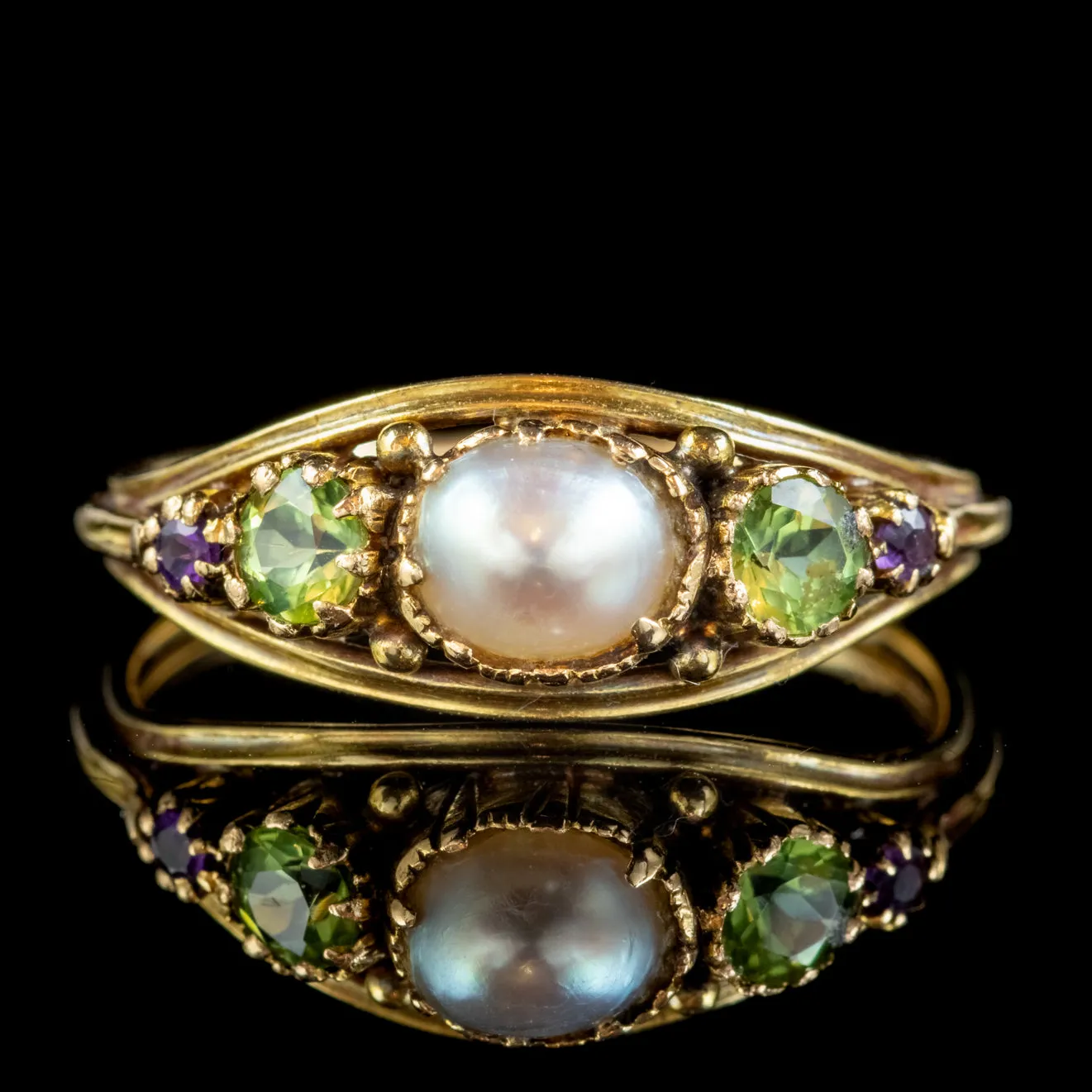 Antique Suffragette Ring Pearl Amethyst Peridot 18ct Gold Locket Back Circa 1910