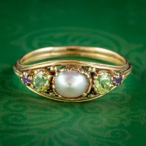 Antique Suffragette Ring Pearl Amethyst Peridot 18ct Gold Locket Back Circa 1910