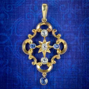 Antique Victorian Diamond Sapphire Pendant 15ct Gold Circa 1900