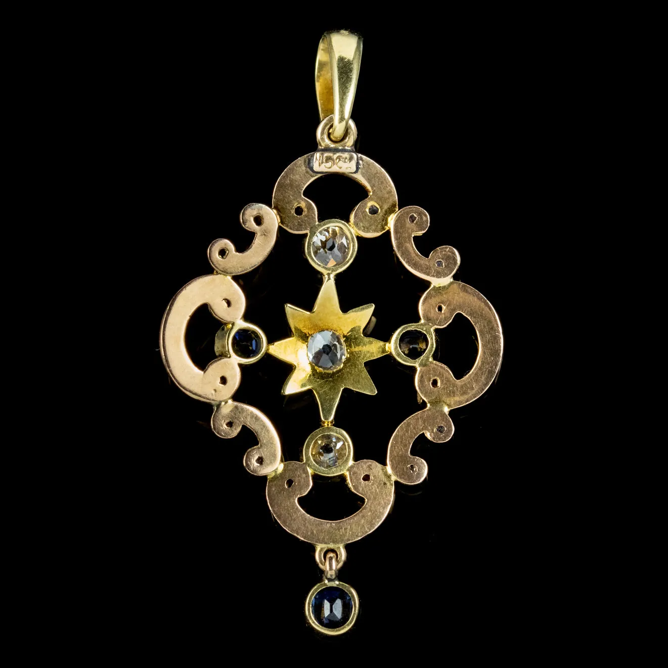 Antique Victorian Diamond Sapphire Pendant 15ct Gold Circa 1900