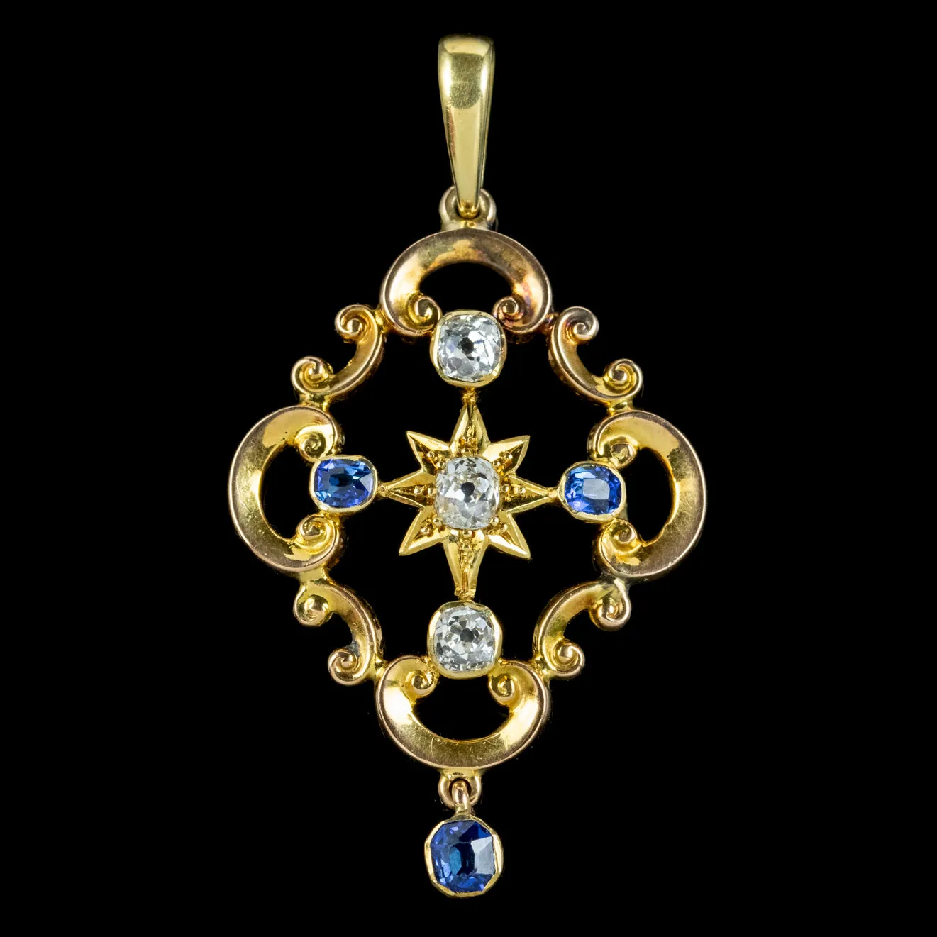 Antique Victorian Diamond Sapphire Pendant 15ct Gold Circa 1900