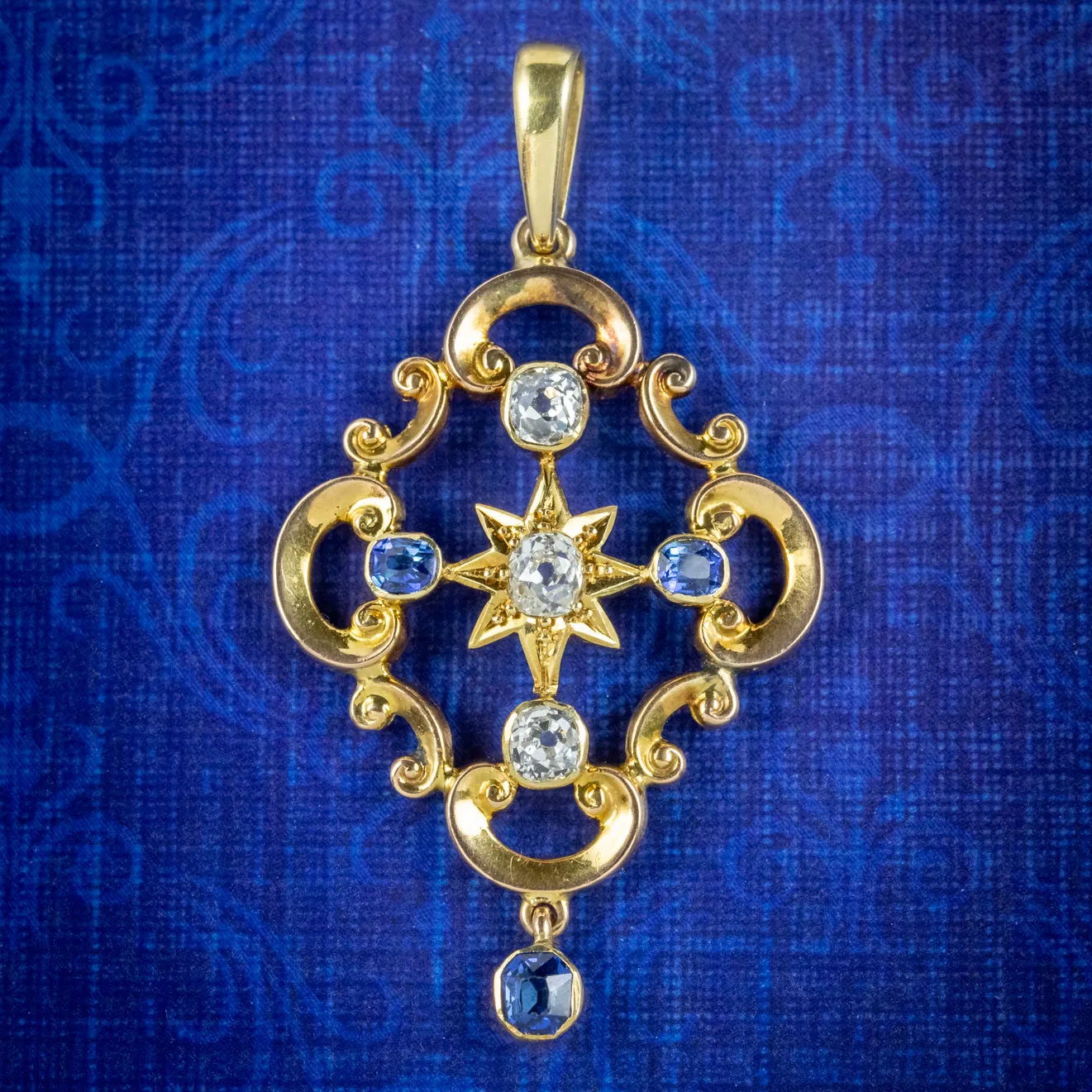 Antique Victorian Diamond Sapphire Pendant 15ct Gold Circa 1900