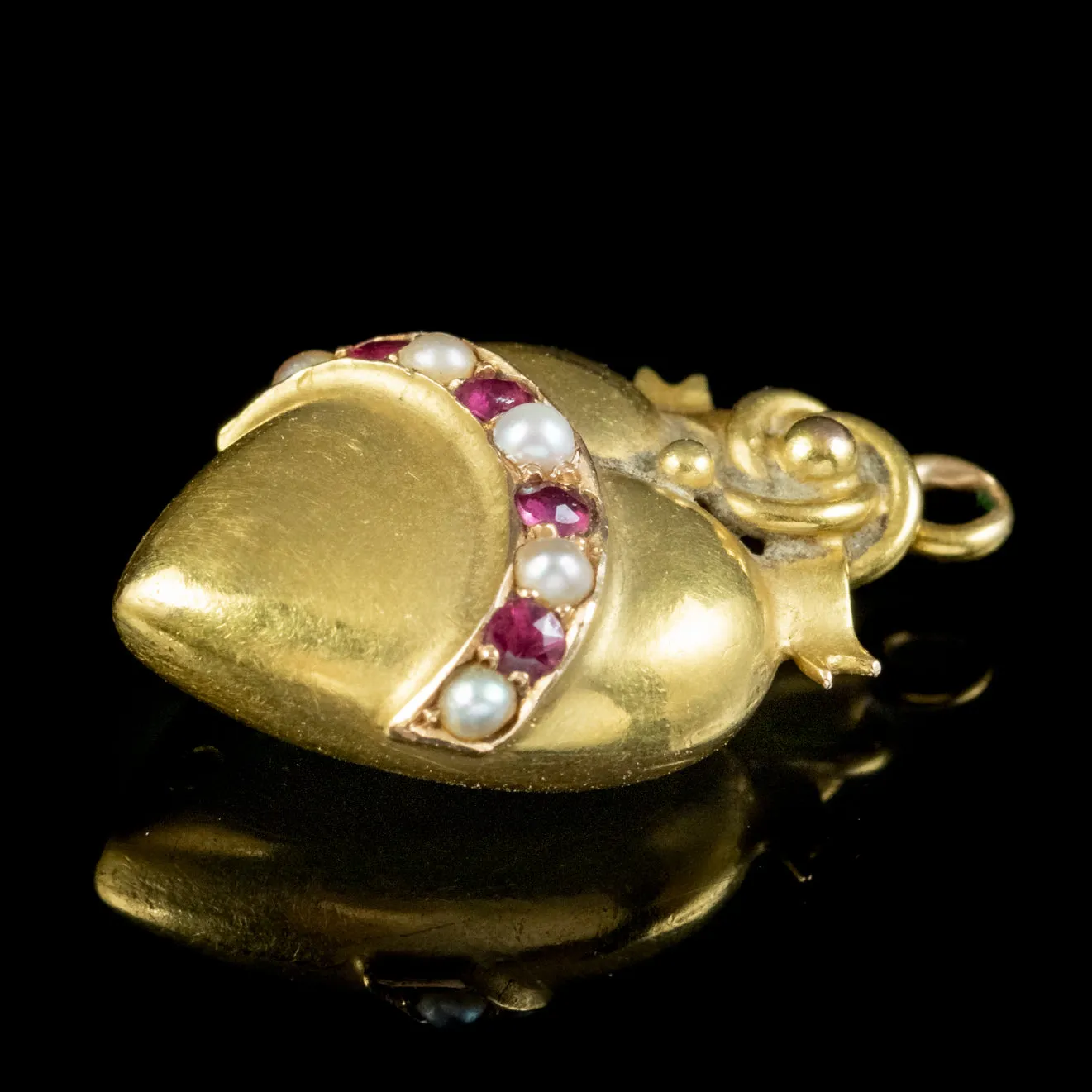 Antique Victorian Ruby Pearl Heart Pendant 15ct Gold Circa 1900