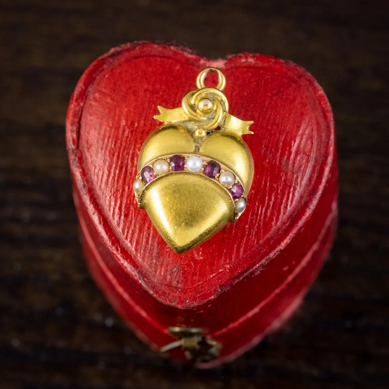 Antique Victorian Ruby Pearl Heart Pendant 15ct Gold Circa 1900