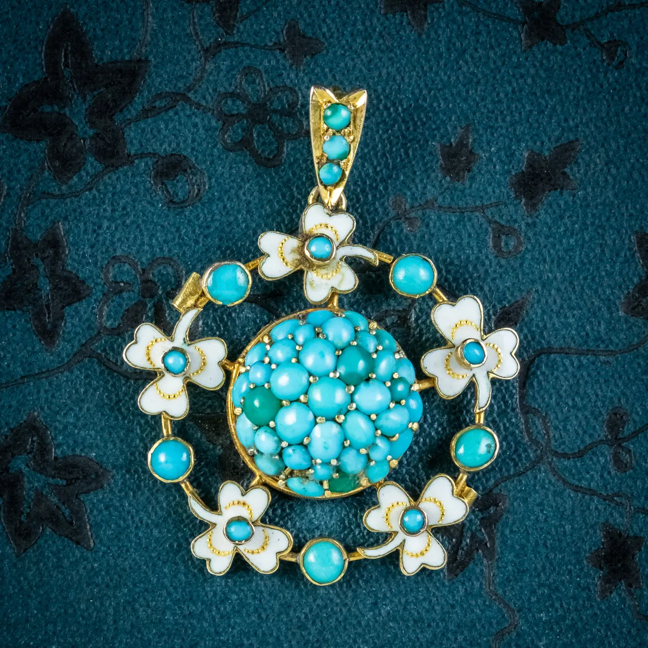 Antique Victorian Turquoise Enamel Shamrock Pendant 9ct Gold