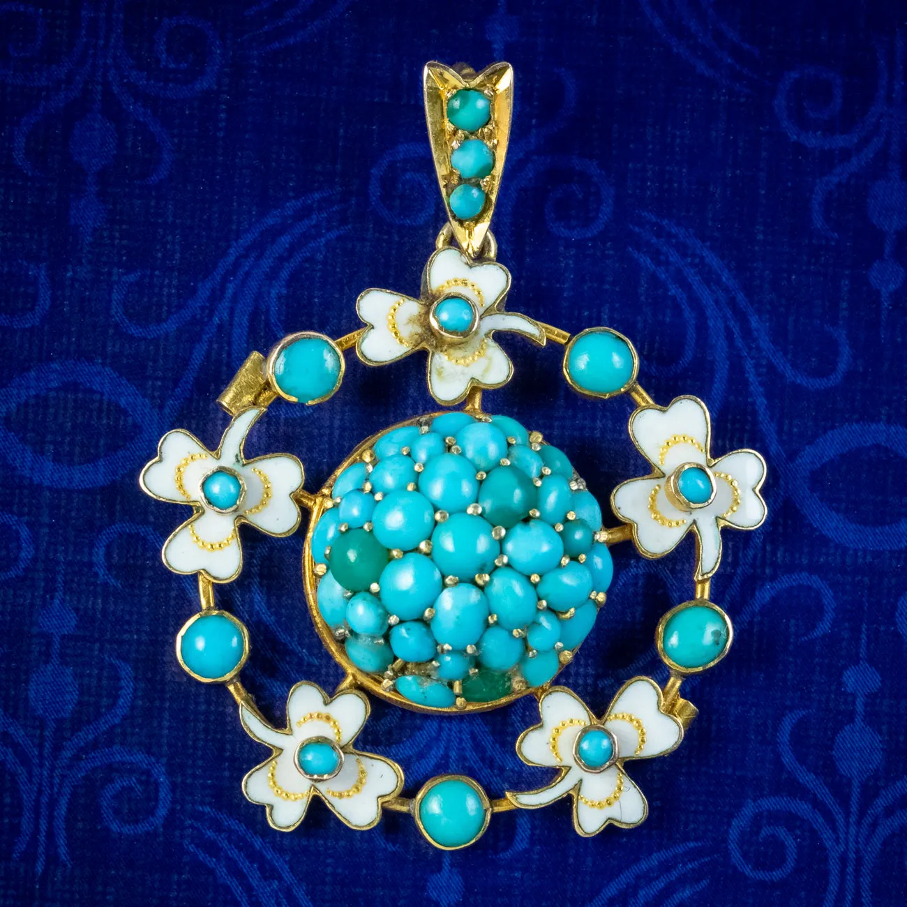 Antique Victorian Turquoise Enamel Shamrock Pendant 9ct Gold