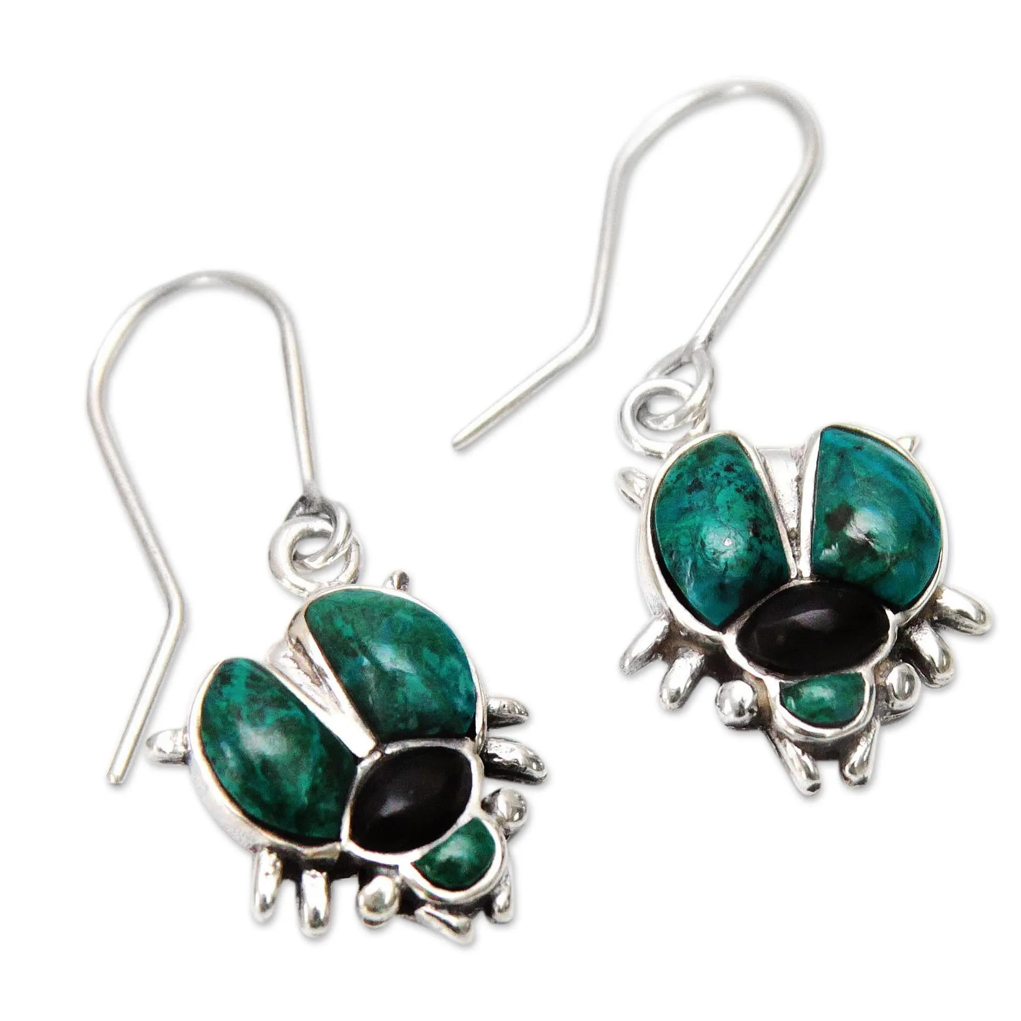 Artisan Crafted 950 Silver Dangle Chrysocolla Earrings - Silver Scarab | NOVICA