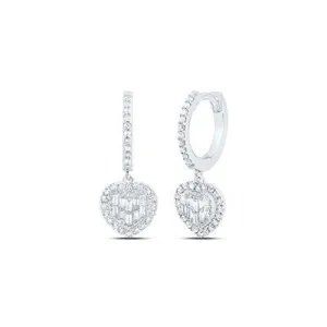 Baguette Diamond Heart Hoop Dangle Earrings 14k White Gold 0.33cttw