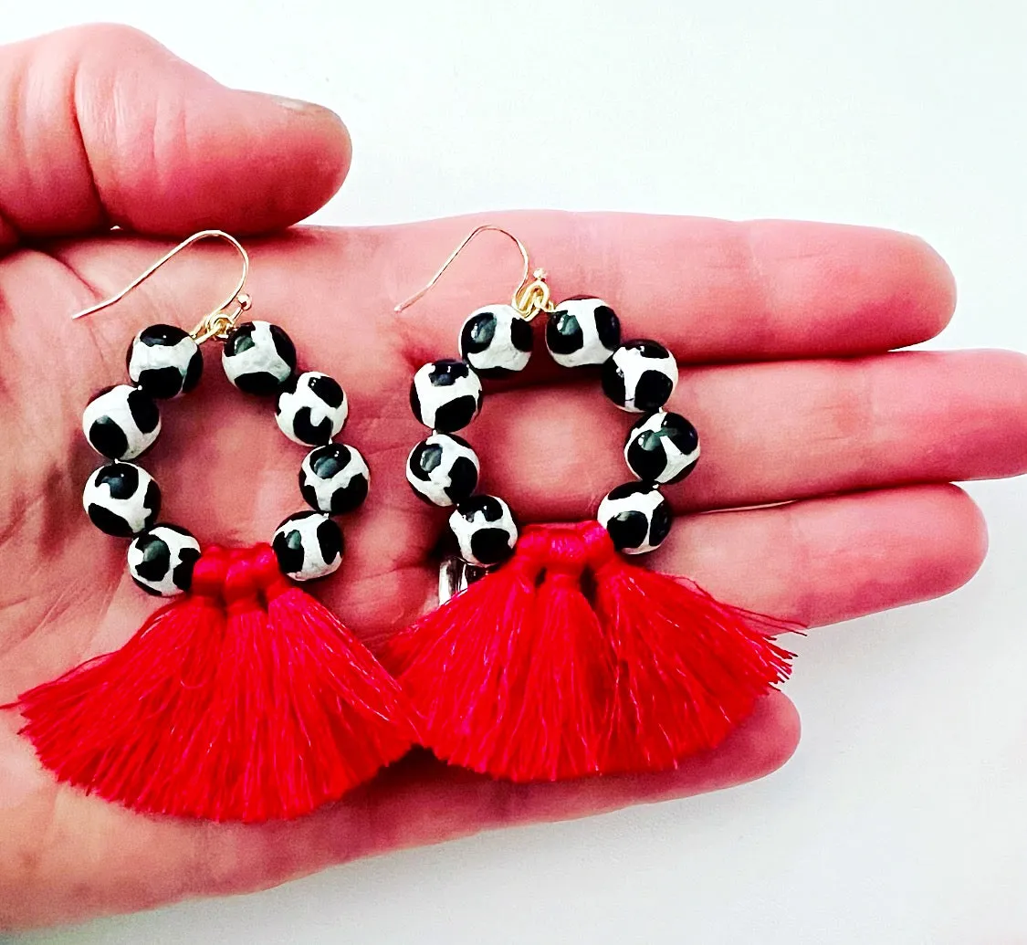 Black, White & Red Beaded Gemstone Tassel Earrings