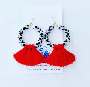 Black, White & Red Beaded Gemstone Tassel Earrings