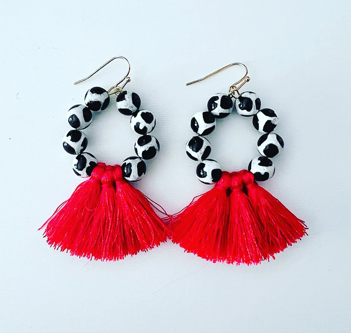 Black, White & Red Beaded Gemstone Tassel Earrings