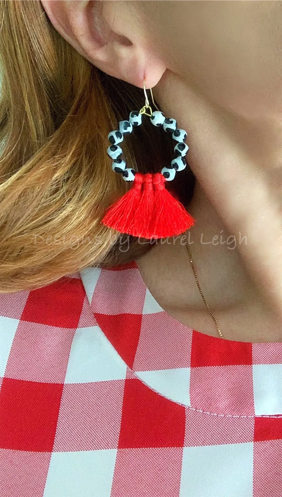 Black, White & Red Beaded Gemstone Tassel Earrings