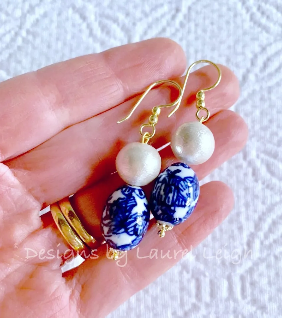 Chinoiserie Pearl Drop Earrings - Gold/Silver